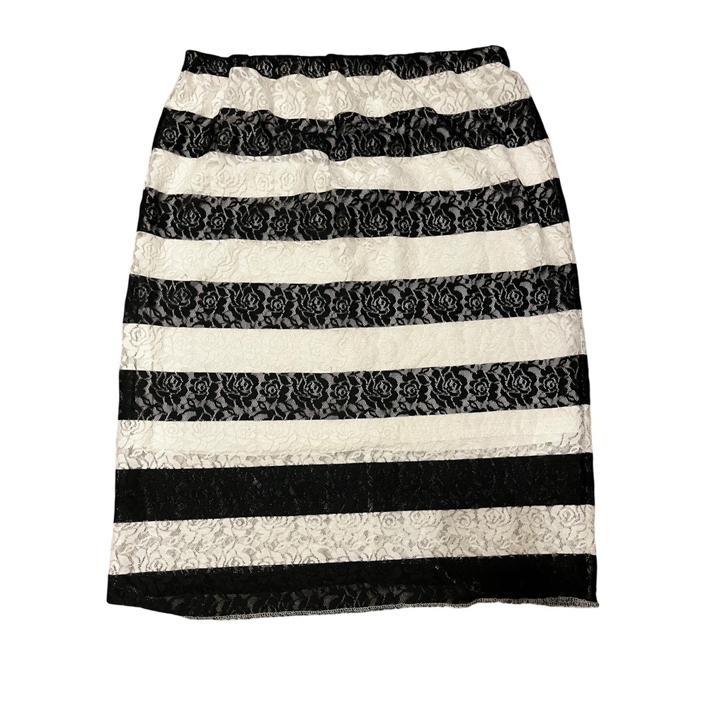 Black White Lace Skirt Floral Mesh Lined Midi Elle 12
